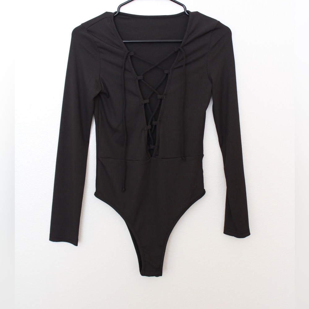 Long Sleeve Upfront Lace Black Bodysuit Shein Size Small